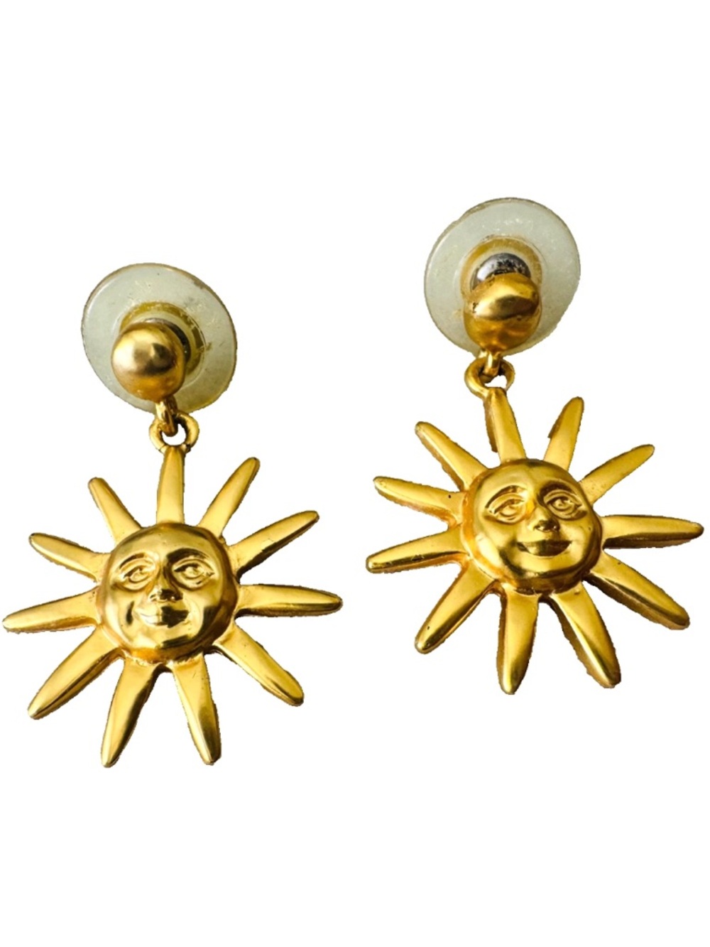 Vintage 1980s-90s AK Anne Klein Sun Face Celestial Gold Tone Pierced Earrings 1”